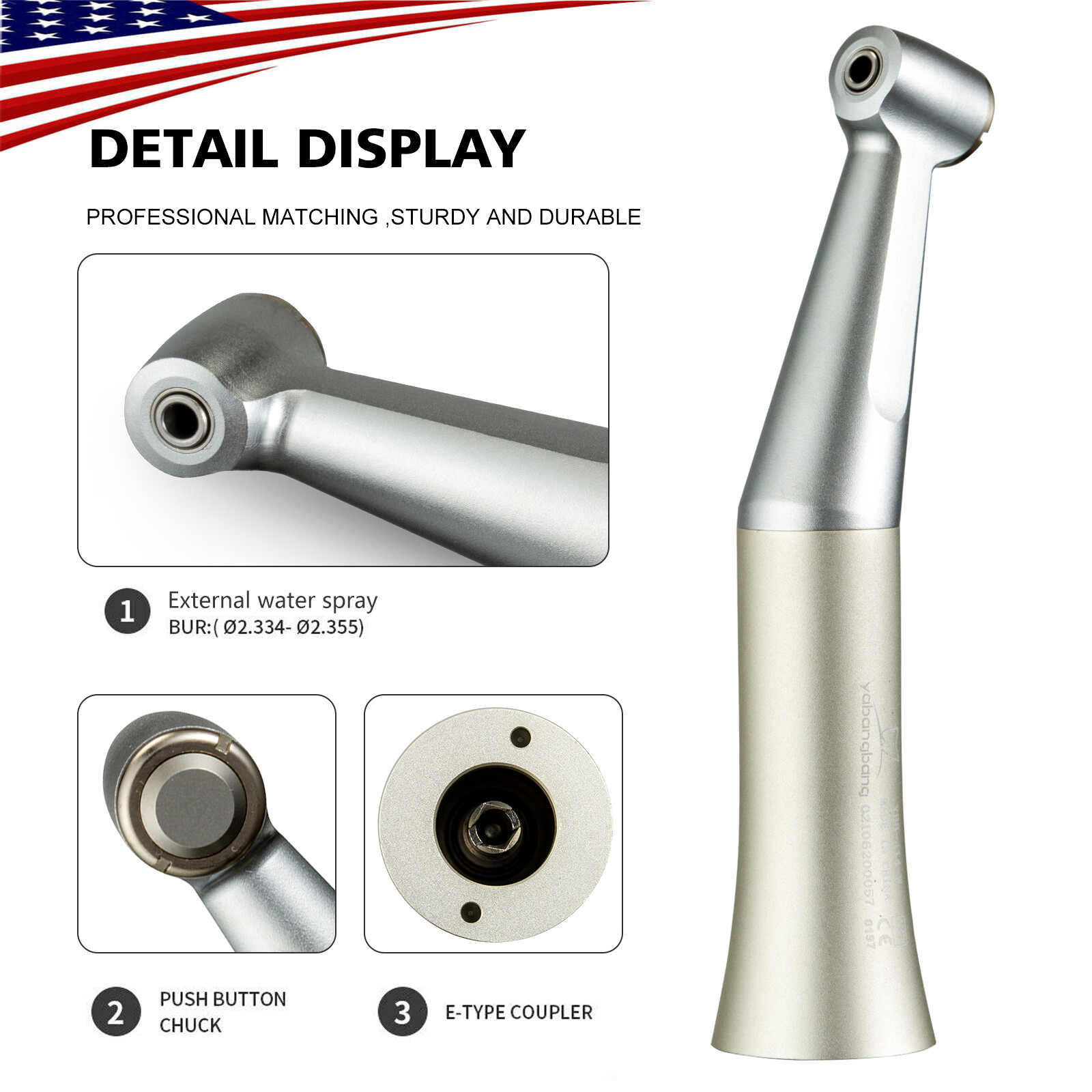 YBB Dental 1:1 Slow Low Speed Handpiece Push Button Contra Angle fit CA burs