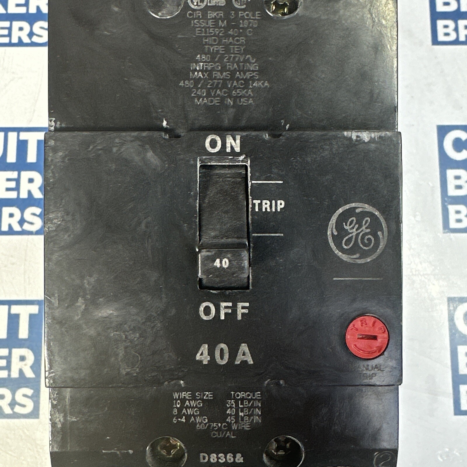 GE TEY340 40Amp 480/277V 3 Pole Circuit Breaker-Warranty (Ship Same ￼Day)
