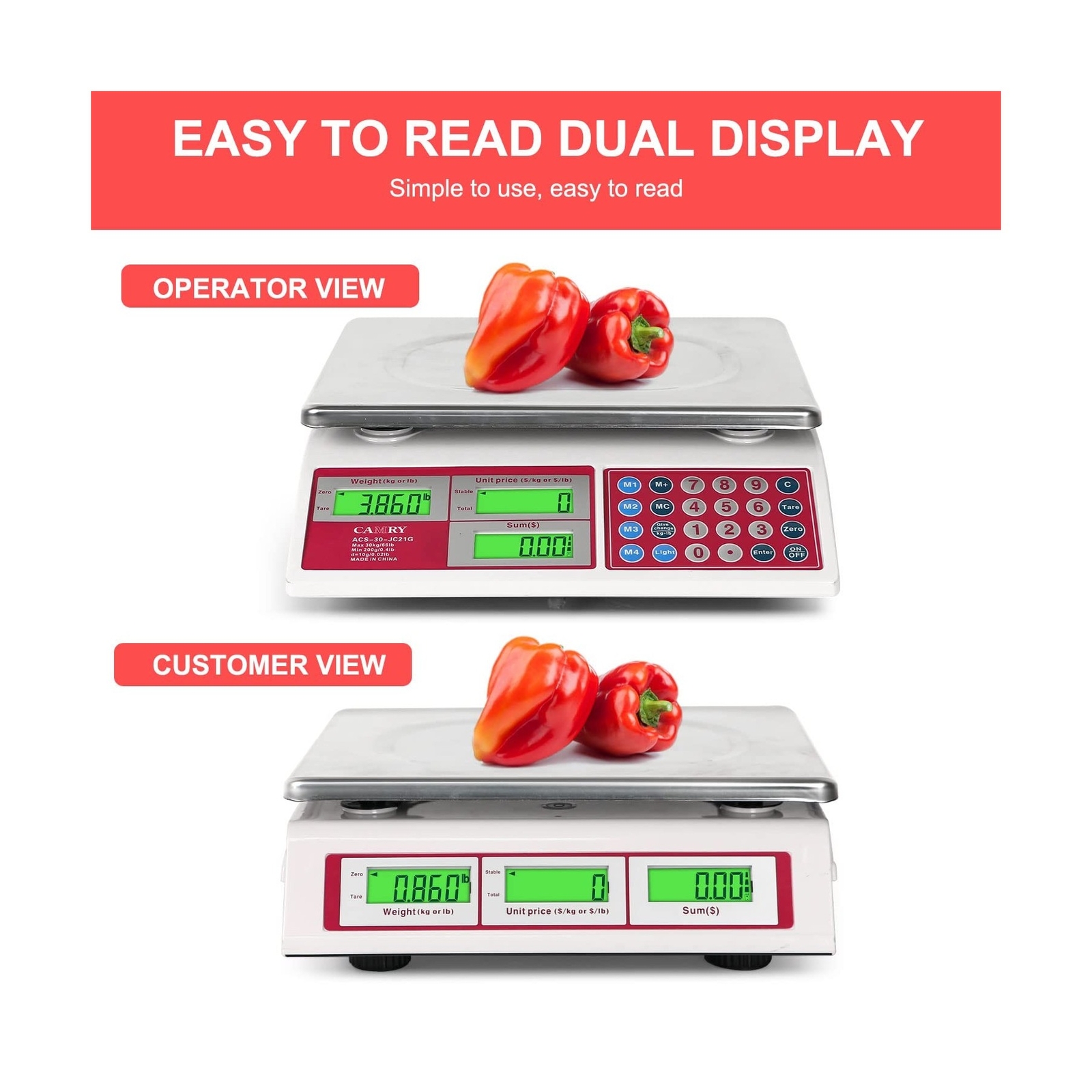 CAMRY Digital Price Computing Scale 66lb/30kg Commercial Produce Scale with S…