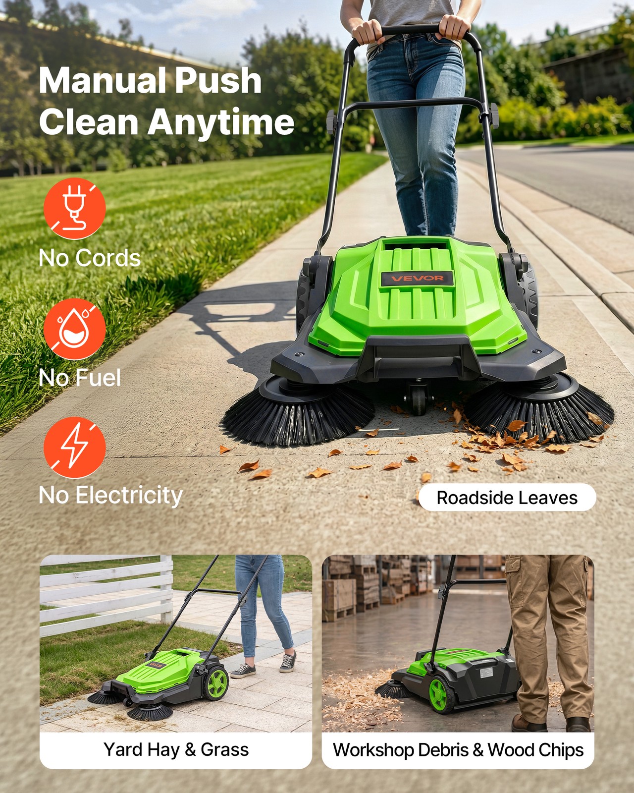 VEVOR Walk-Behind Floor Sweeper Manual Hand Push Sweeper 25.6″ Sweeping Width