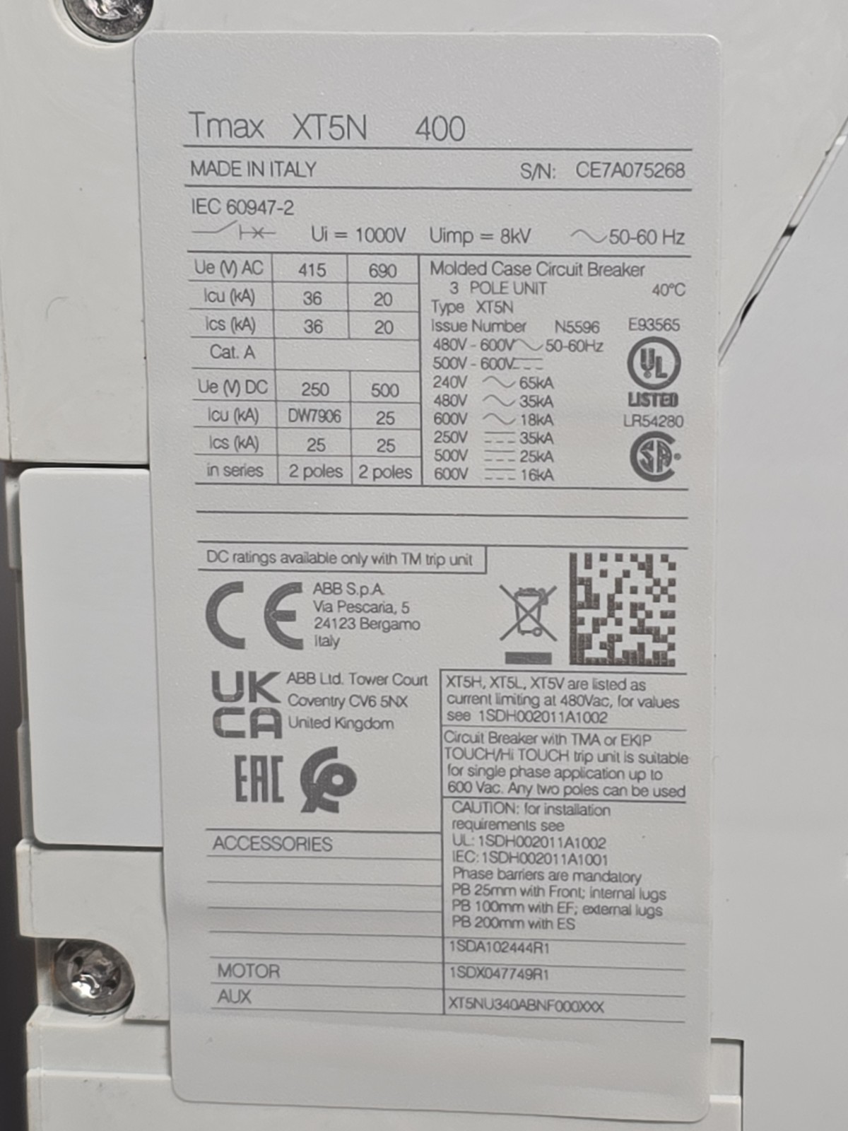 ABB SACE Tmax XT5N 400 Circuit Breaker 400A 3-Pole 600VAC XT5NU340ABNF000XXX