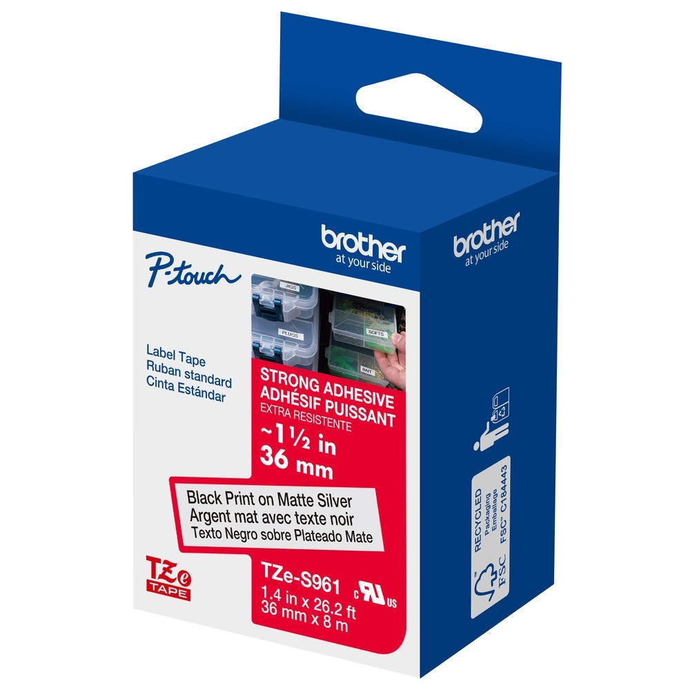 Genuine Brother TZe-S961 Strong Adhesive Black on Silver 36mm 1 1/2″ Label Tape