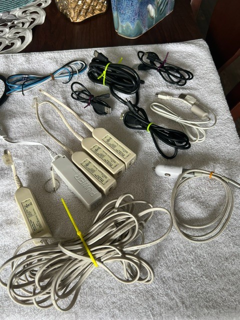 LOT OF MISC COMPUTER / PHONE / TV CABLES WIRES SPEAKERS CHARGERS