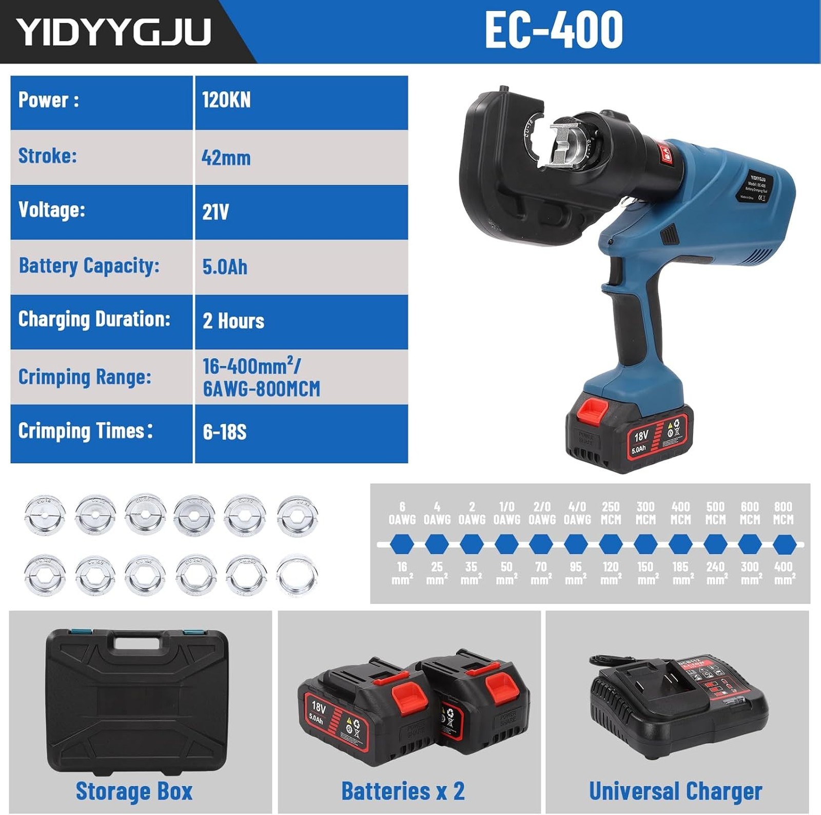 Hydraulic Crimping Tool 12Ton Battery Powered 120KN 21V Lithium-Ion 360°