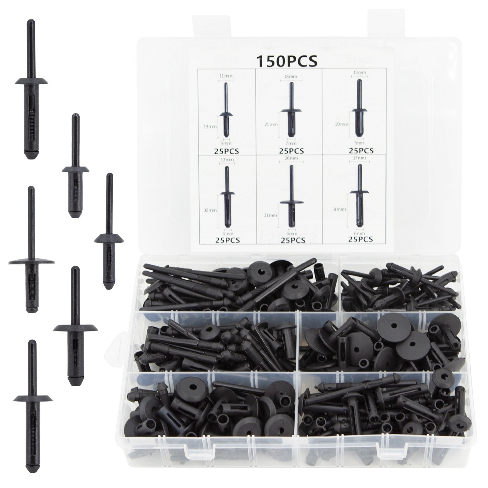 150x Plastic Pom Pop Rivets Set Assortment Pop Poly Bevel Round Head Blind Rivet
