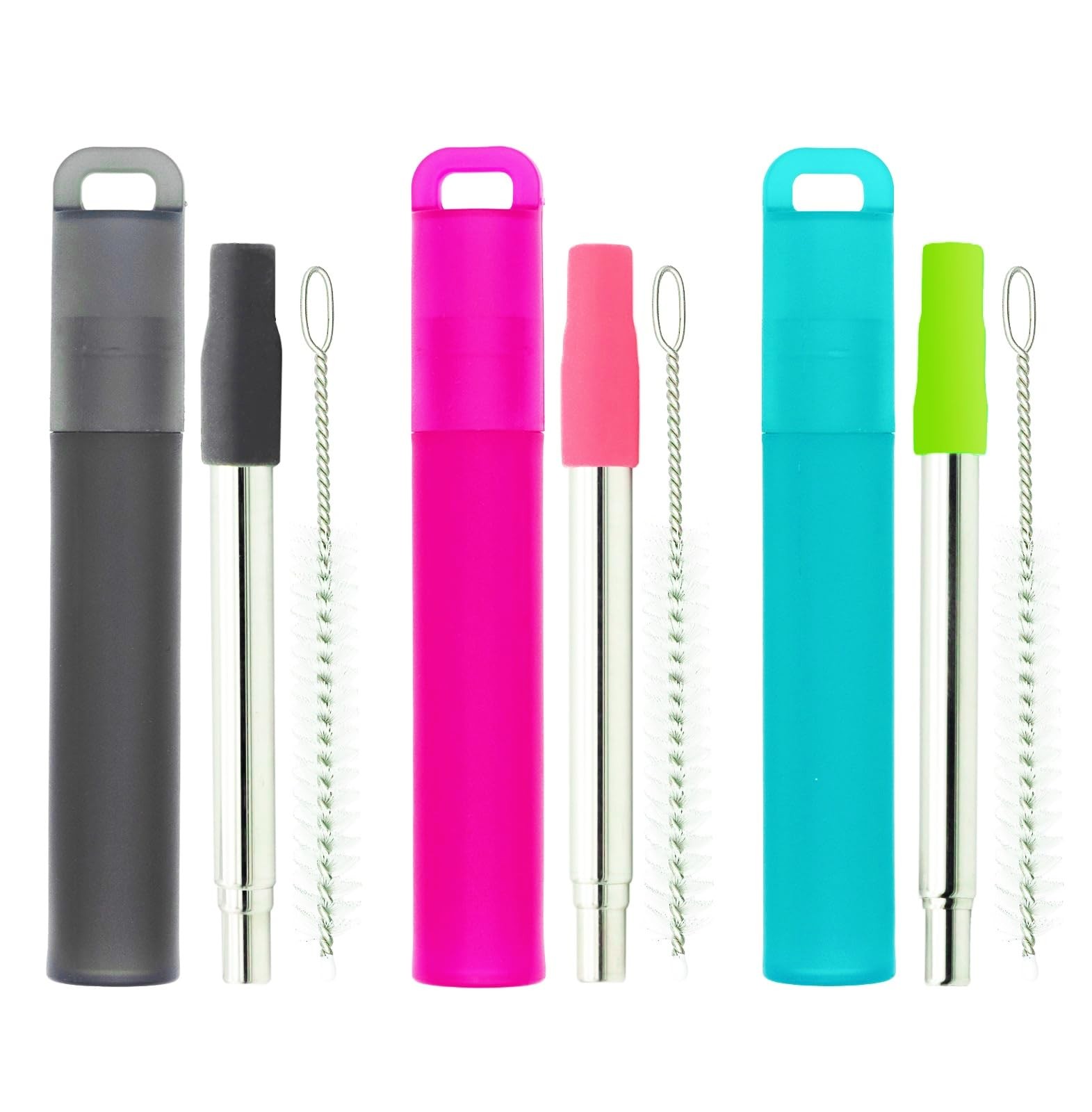 NAIVELY-Metal Reusable Straws 3 Pack Collapsible Small, Gray, red, blue