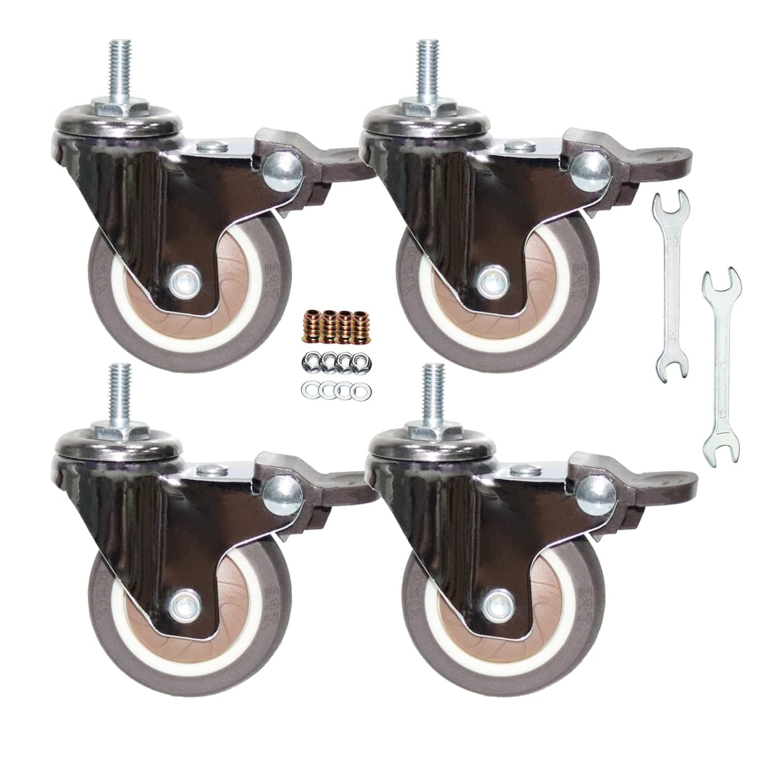 360° Swivel TPR Stem Casters with M6-1.0X15mm Thread and Brake, 2