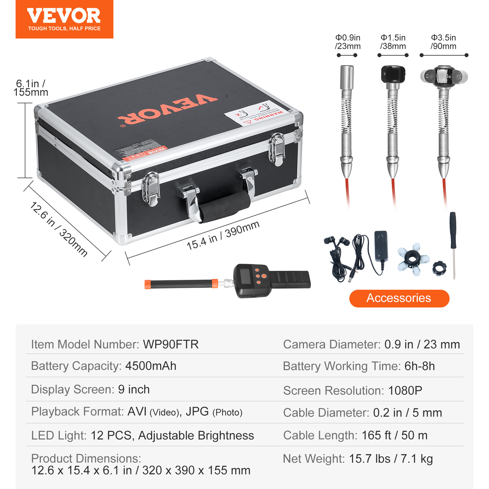 VEVOR 9″ Sewer Camera 50m/165 ft Self-Leveling Drain Camera with 512Hz Locator