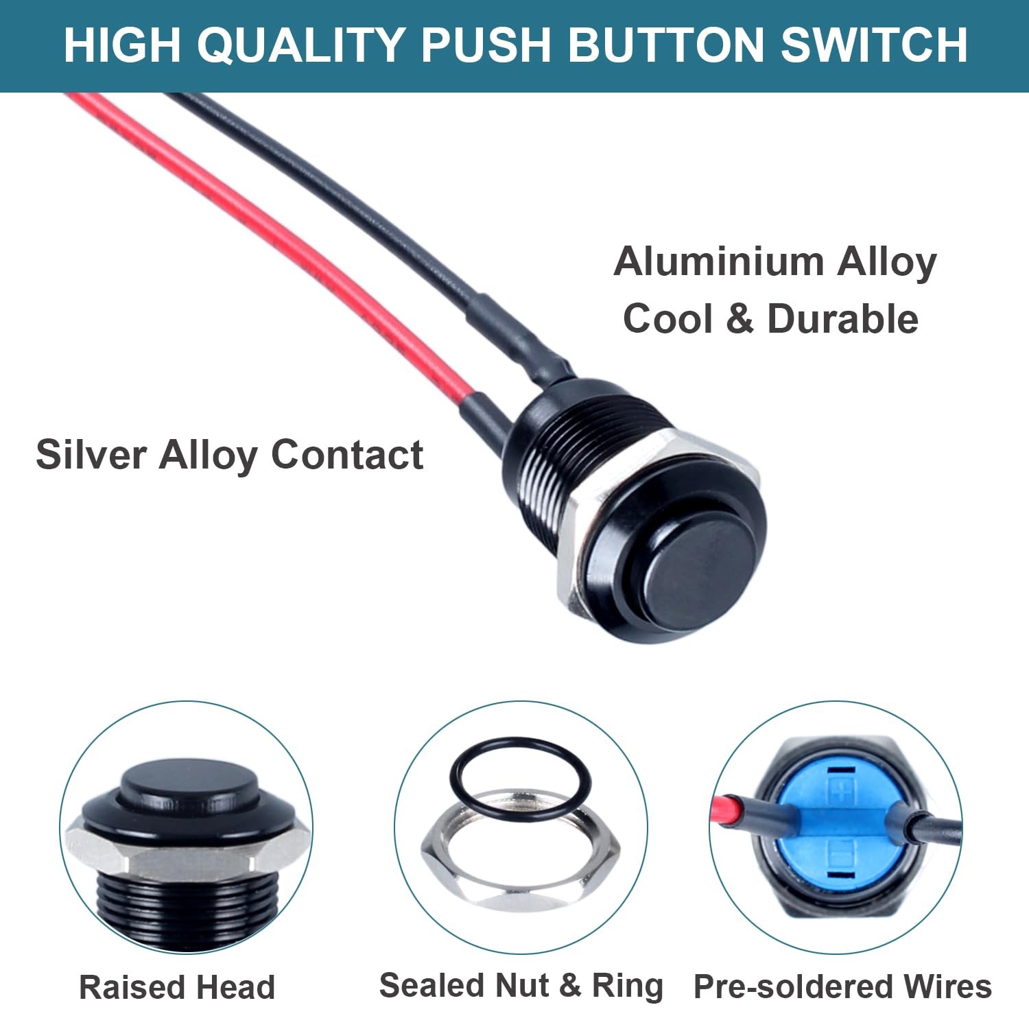 5pcs 12mm Latching Push Button Switch Raised Head ON-Off Normally Open with Pre-