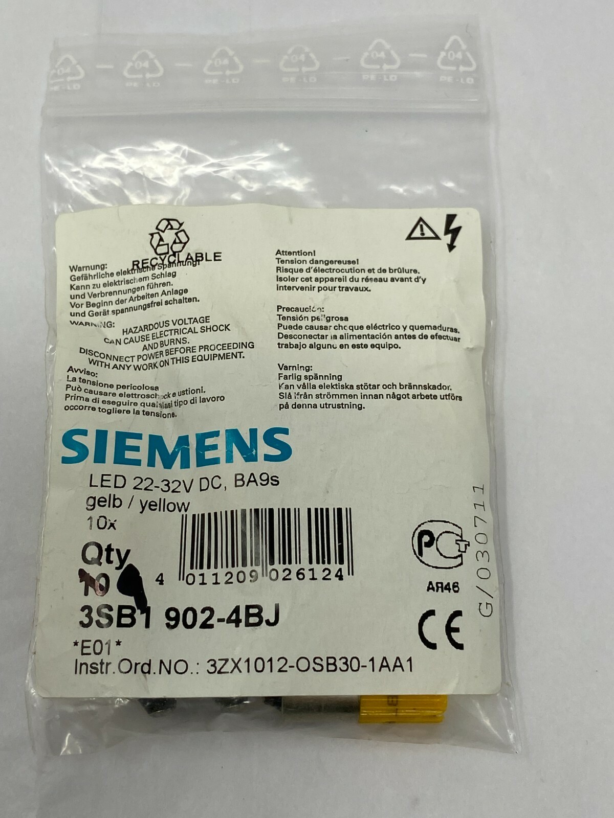 Siemens 3SB19024BJ LED Lamp 22-32VDC BA9s Socket Gelb/Yellow Qty: 9