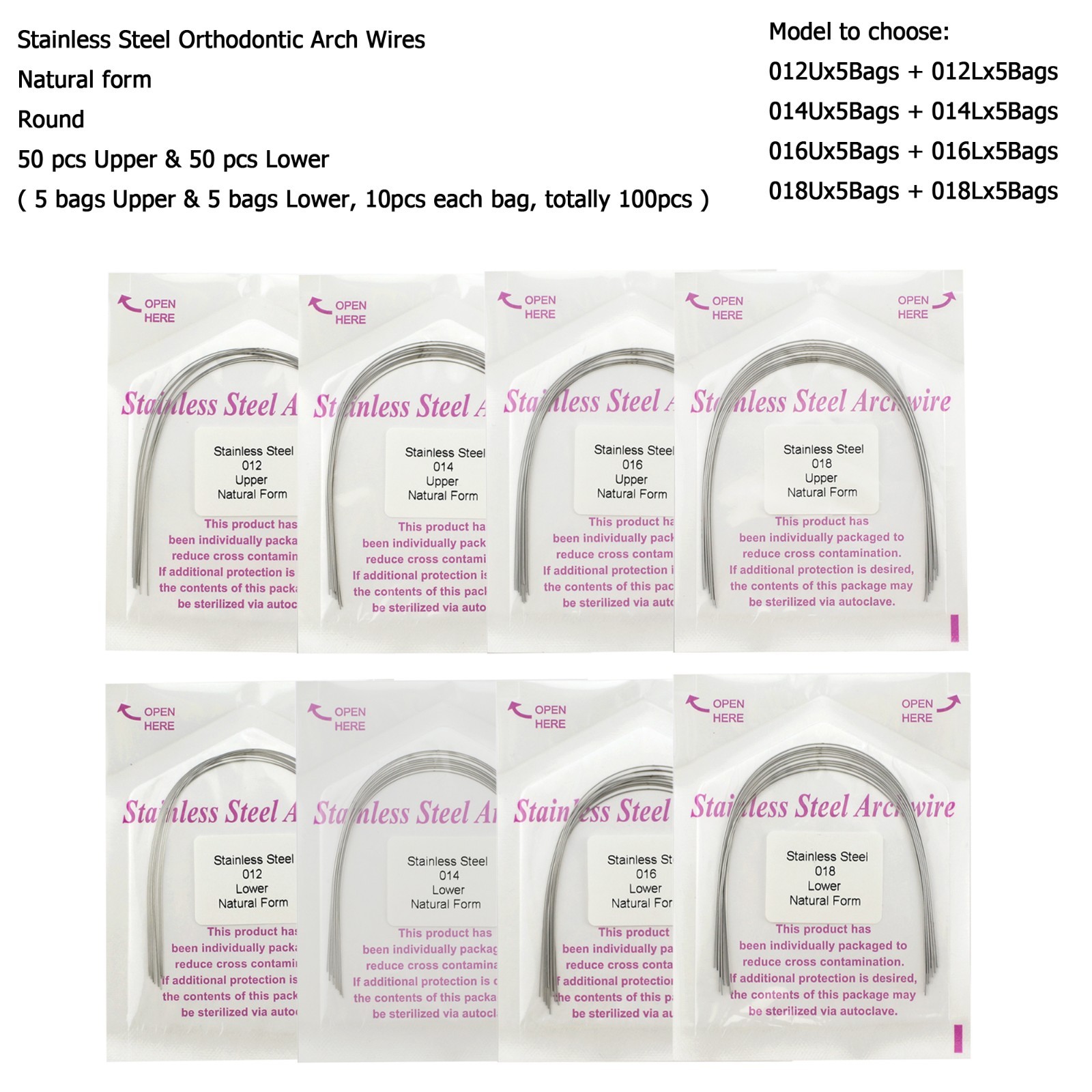 100PC Orthodontic Arch Wire Niti Stainless Steel Ovoid Natural Round Rectangular