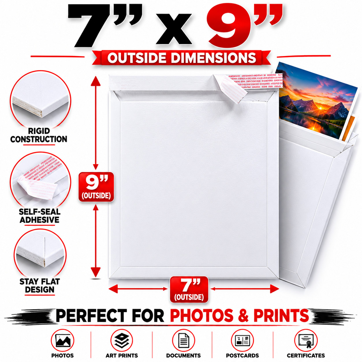 7×9 Rigid Photo Mailers Stay Flat Cardboard Envelopes Self Seal 400 GSM White