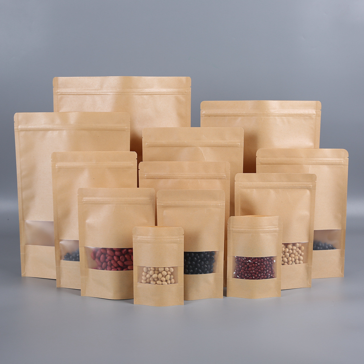 Brown / White Kraft Paper Pouches Stand Up Food Bag With Clear Window