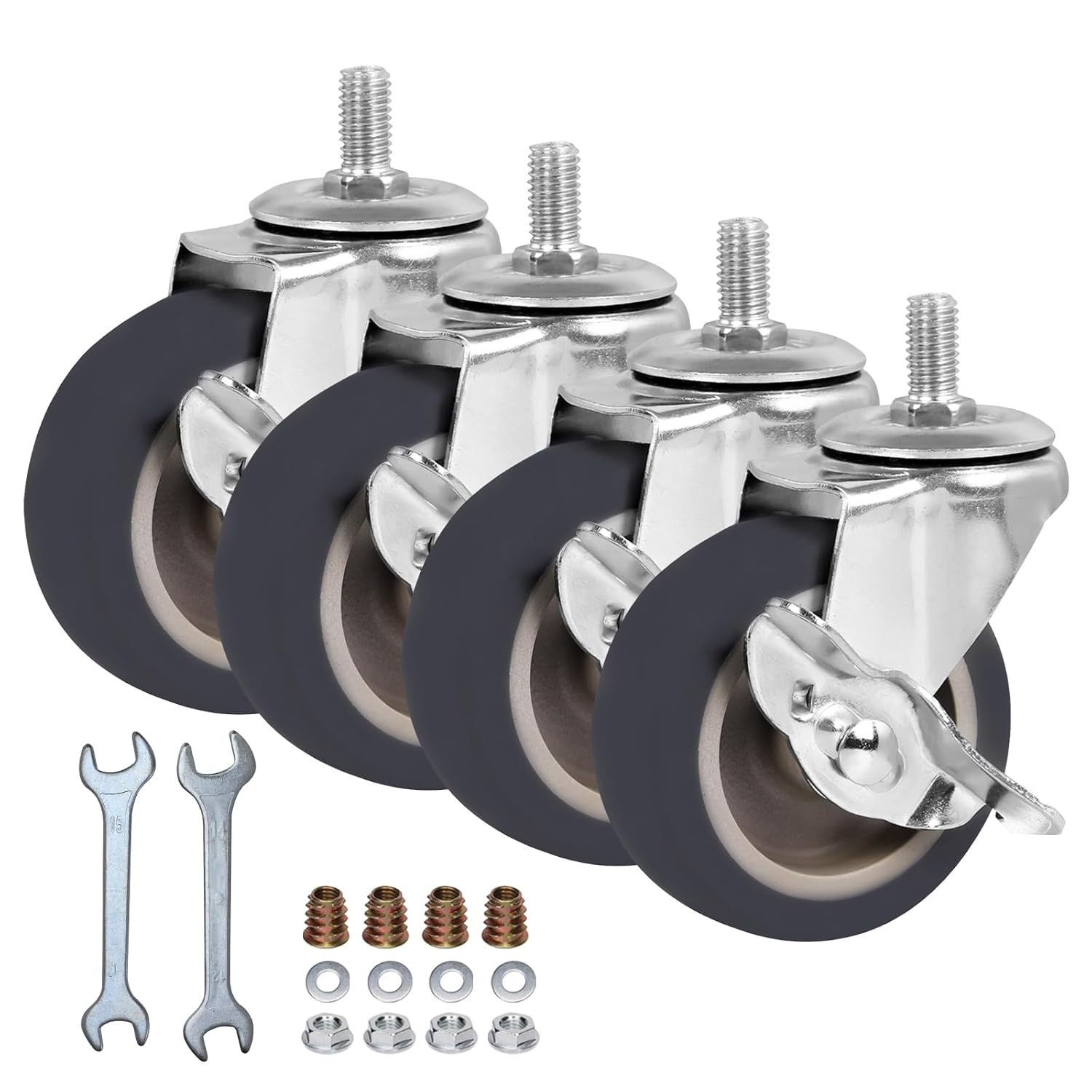 3 Inch Stem Caster Wheels Set of 4, Heavy Duty 600 Lbs Quiet Non-Marking Rubber