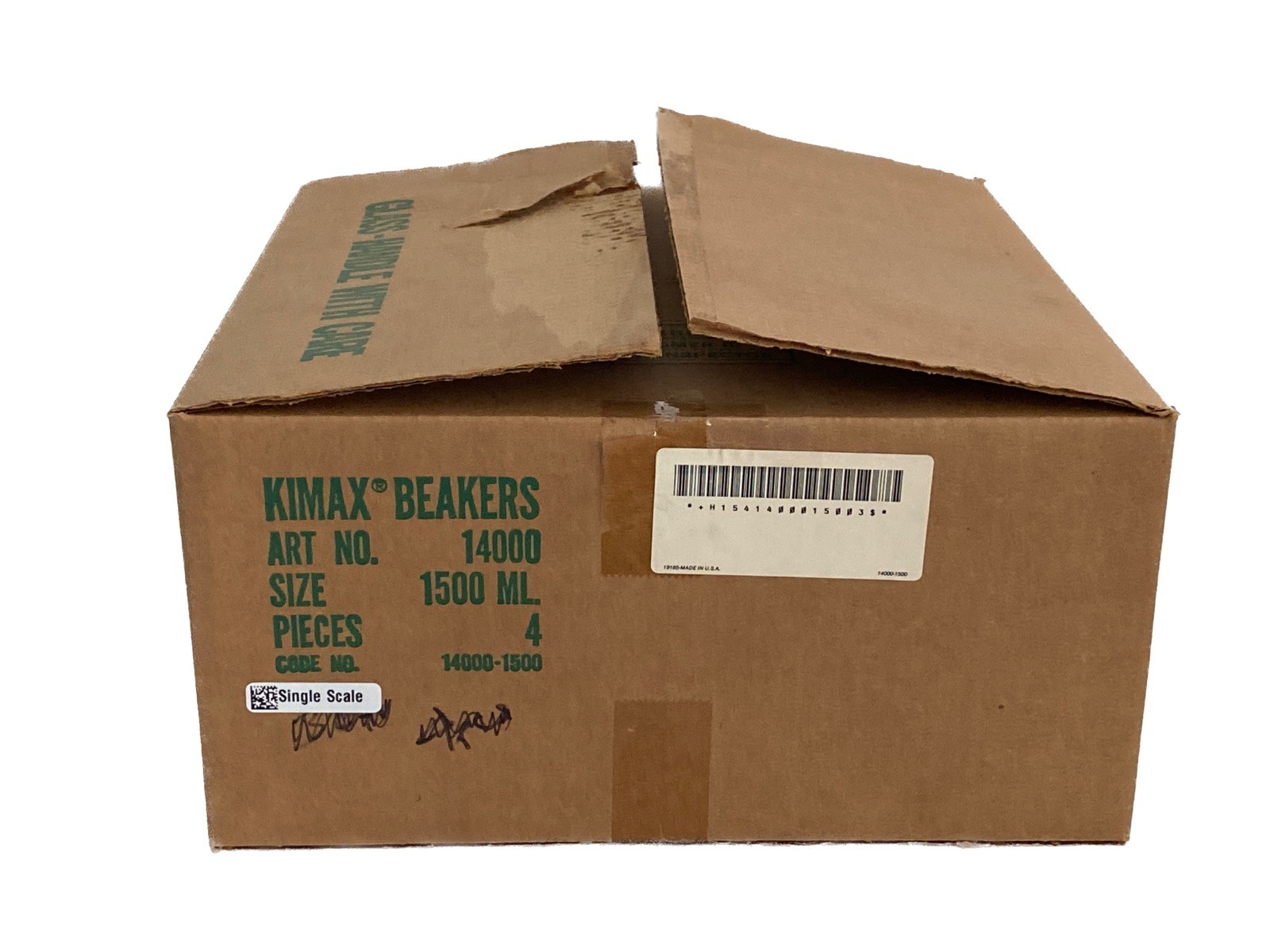New (4/Pk) KIMAX Glass 1500mL Single Scale Graduated Griffin Beakers 14000-1500