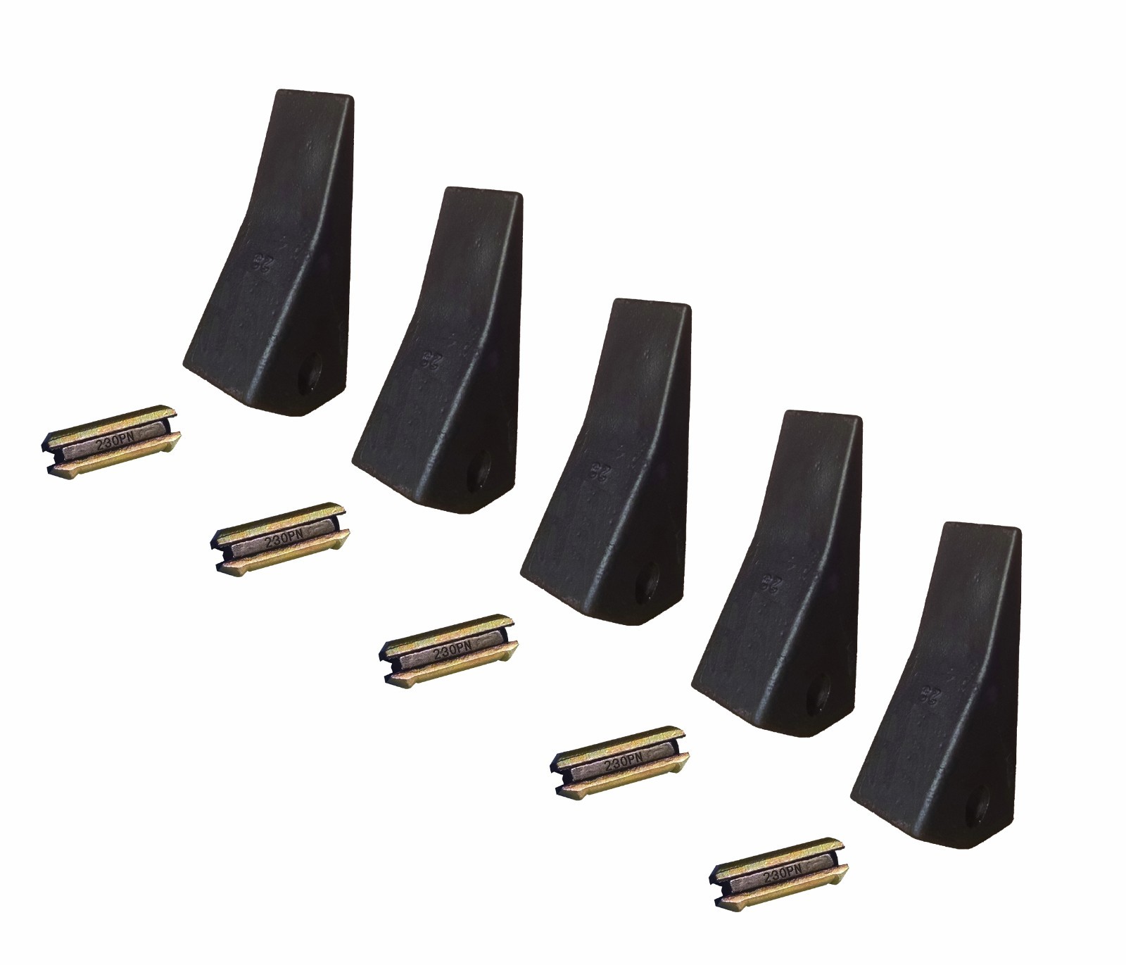 5 Backhoe / Skid / Mini Ex Bucket Teeth w/ Pins – 23, 230, 230SP, D51750, T230SP