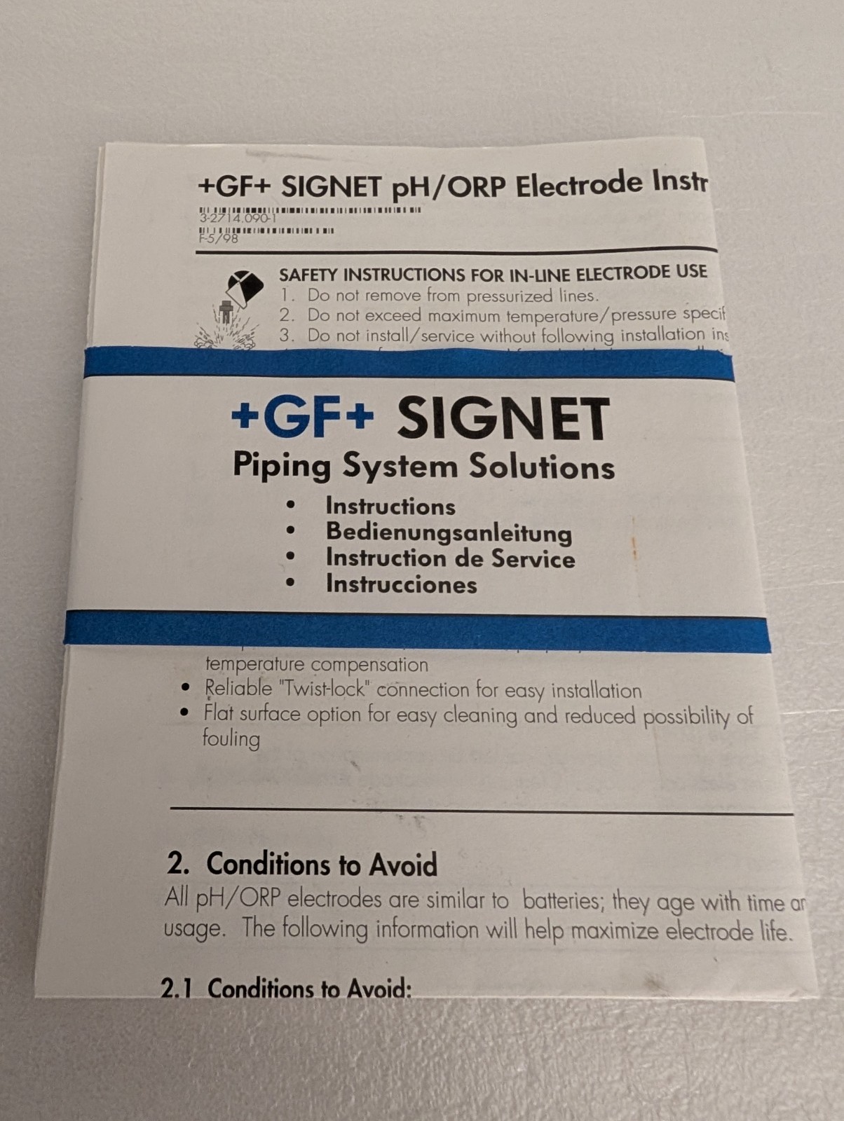 GF SIGNET 3-2714-HF pH Electrode Flat Surface pH Sensor, HF resistant