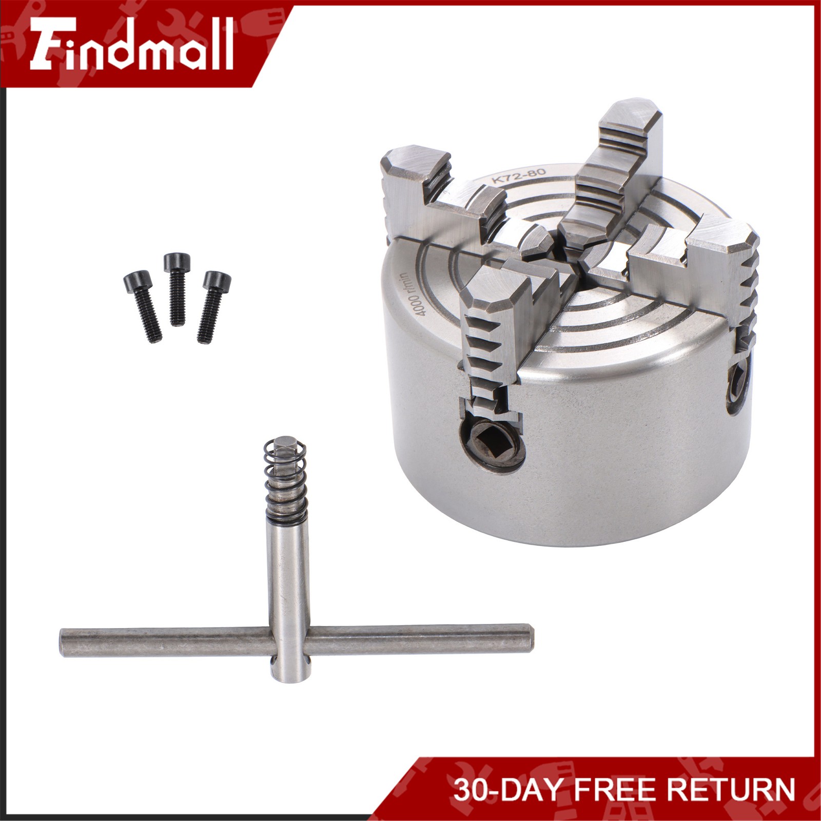 Findmall K72-80 4 Jaw Chuck 3″ 80mm Independent Metal Lathe Chuck