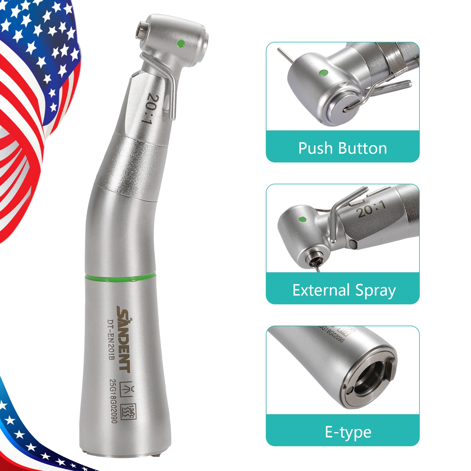 LED SANDENT 20:1 Contra Angle Fiber Optic Electric Handpiece External Spray