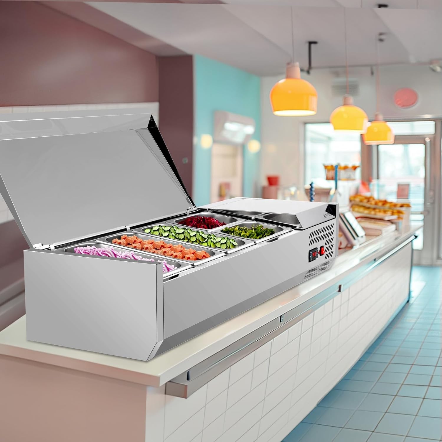 ROVSUN 47″-59″ Refrigerated Condiment Prep Station Sandwich/Salad Prep Table