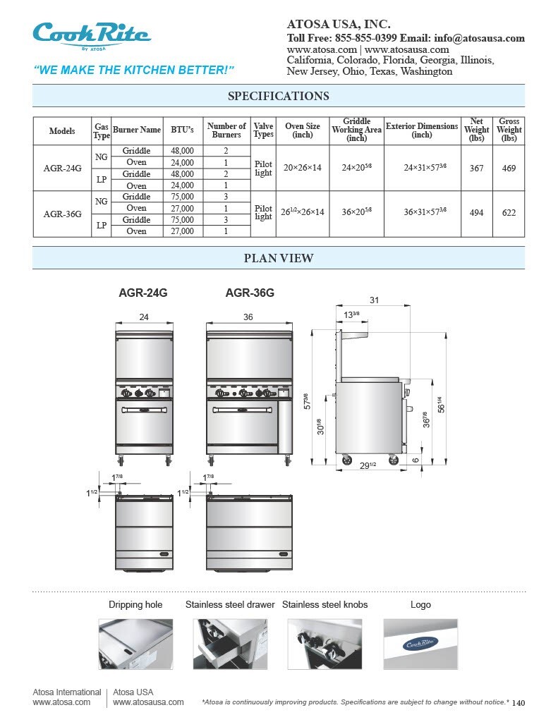 Atosa AGR-24G-LP 24″ GRIDDLE Range OVEN PROPANE
