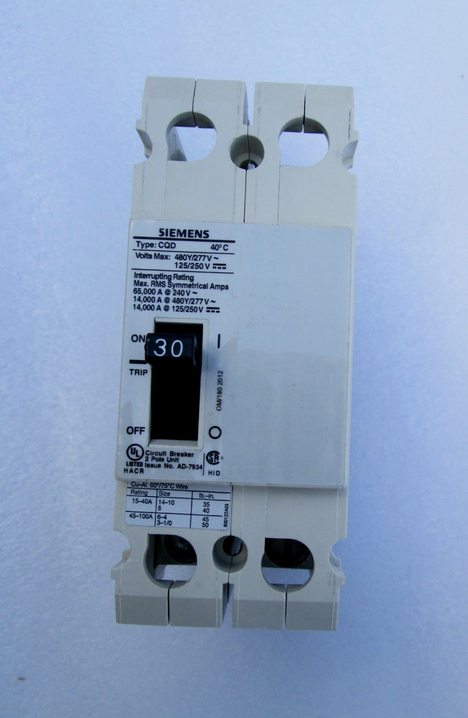 Siemens CQD230 30 Amp, Double Pole 480/277V AC, 125/250V DC BREAKER