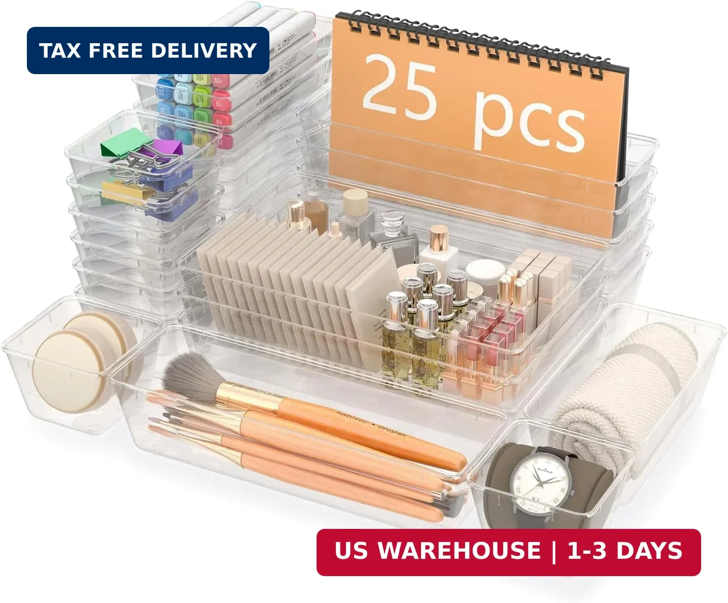 Yanosaku 25 PCS Clear Plastic Drawer Organizer Set, 4 Sizes Vanity Organizers, D