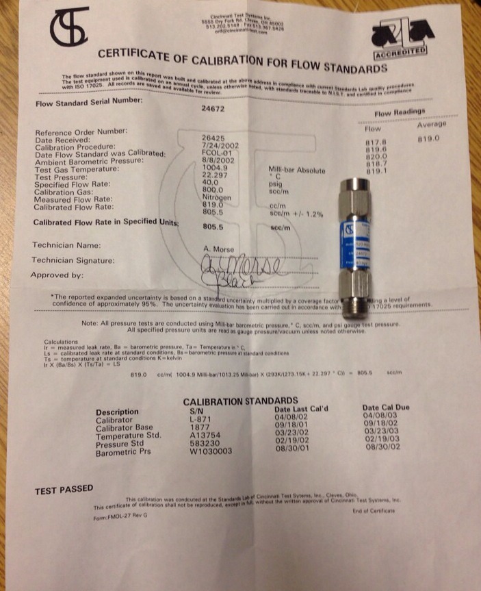Cincinnati Test Systems 520-800.0scc/m-40.0psig-21, EX0800CCM40PSI-21 #1645Q1