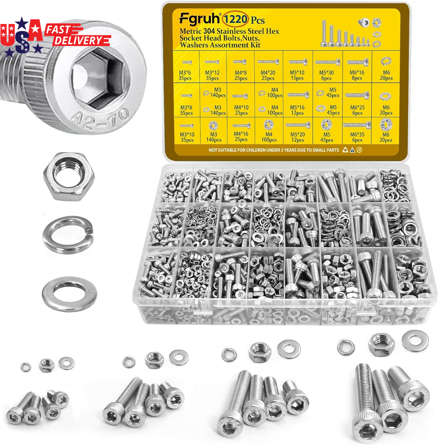 270Pcs M5 Screws with Nuts Assortment Kit, M5X8/10/12/16/20/25/30/35 Mm 304 Stai