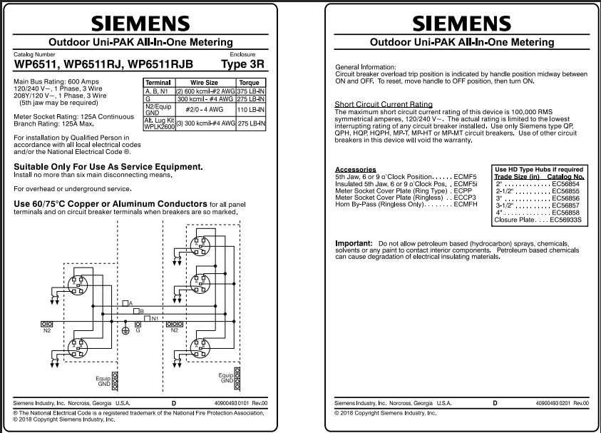 Siemens WP6511RJB 5-Gang 600A 125 Amp Sockets Ringless Horn Bypass UNI-PAK Meter