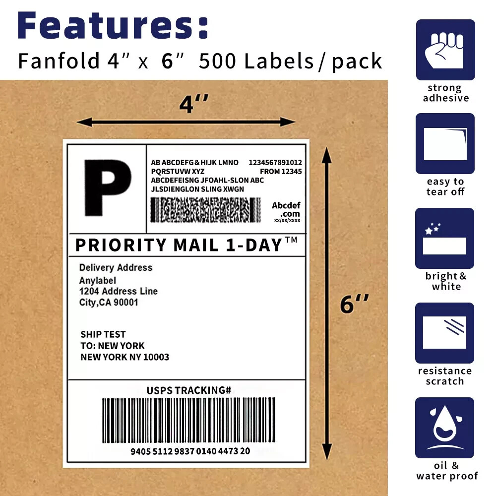 4×6 Fanfold Direct Thermal Shipping Labels for Zebra & Rollo Printer