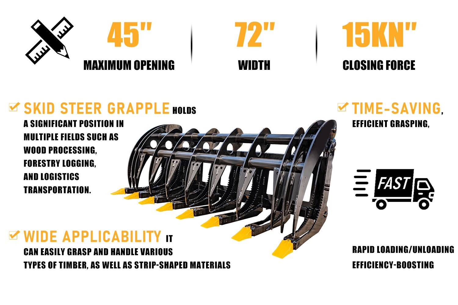 72″ Brush Root Rake Grapple Attachment For Bobcat Skid Steer