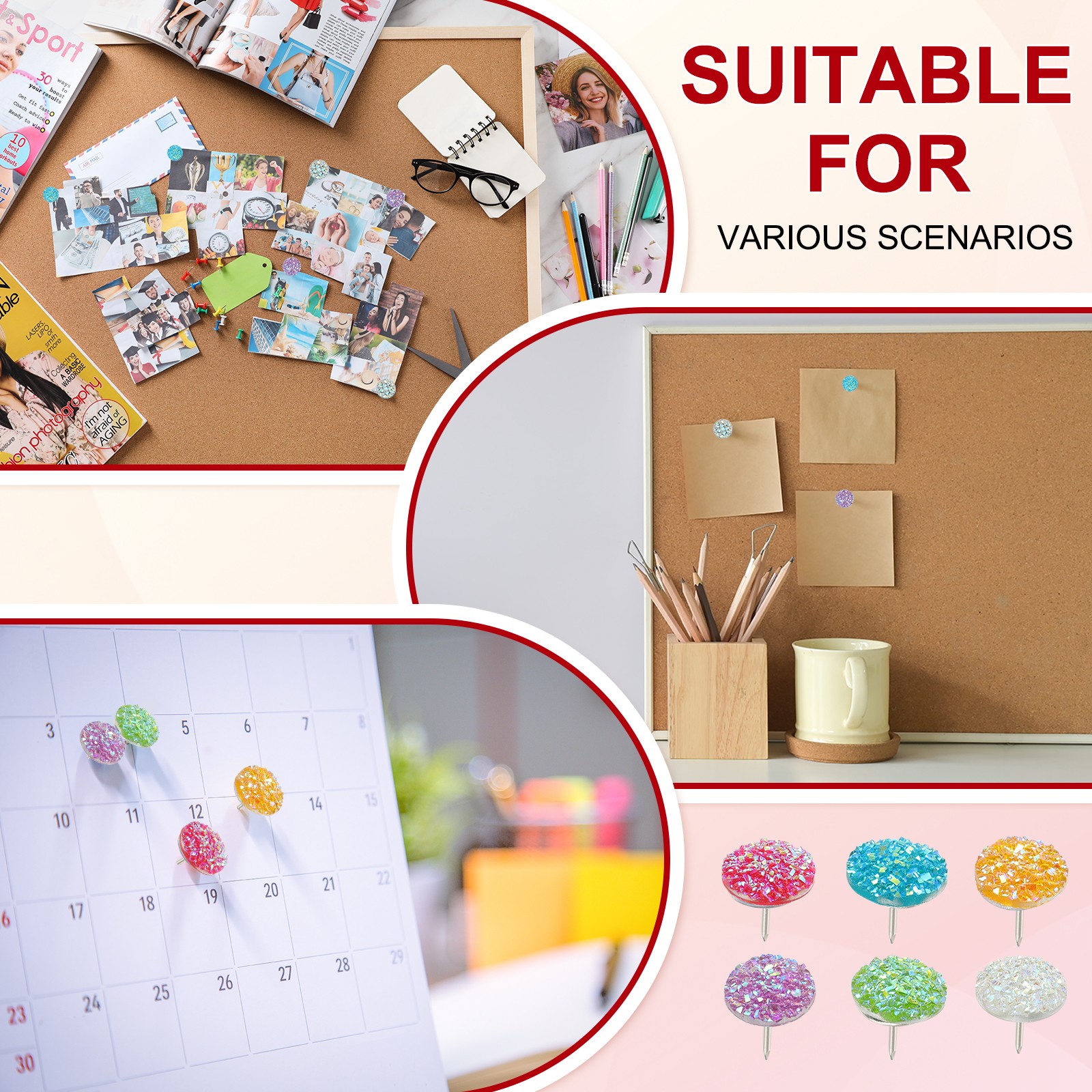 50Pcs Diamond Push Pins, Glitter Rhinestone Decorative Thumb Tacks, Multicolored