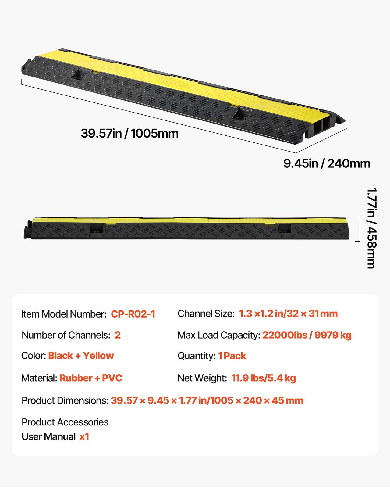VEVOR Cable Protector Ramp Rubber Cord Cover 22000 lbs/axle Capacity 2 Channel