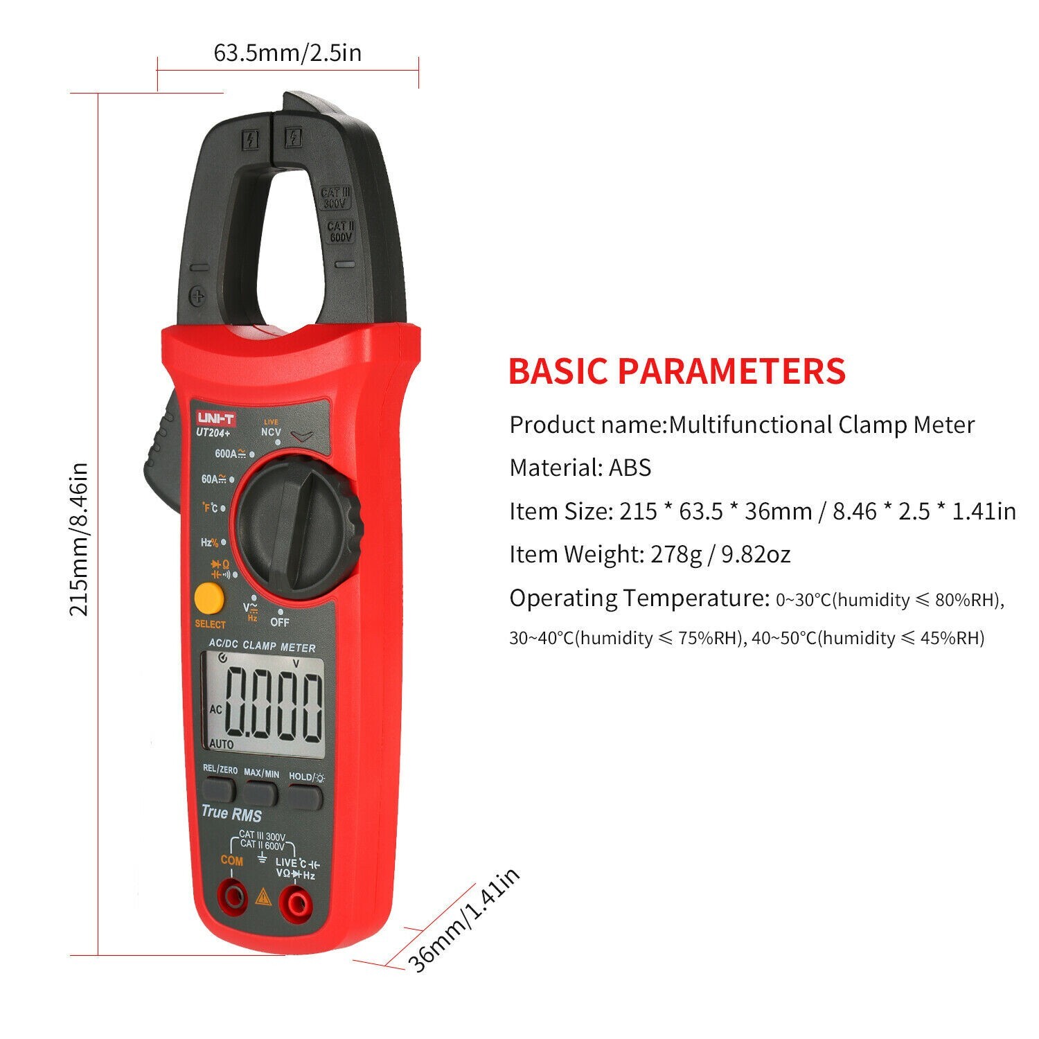 UNI-T TRMS Digital Clamp Meter AC DC NCV Multimeter Cap Live Wire Tester UT204+