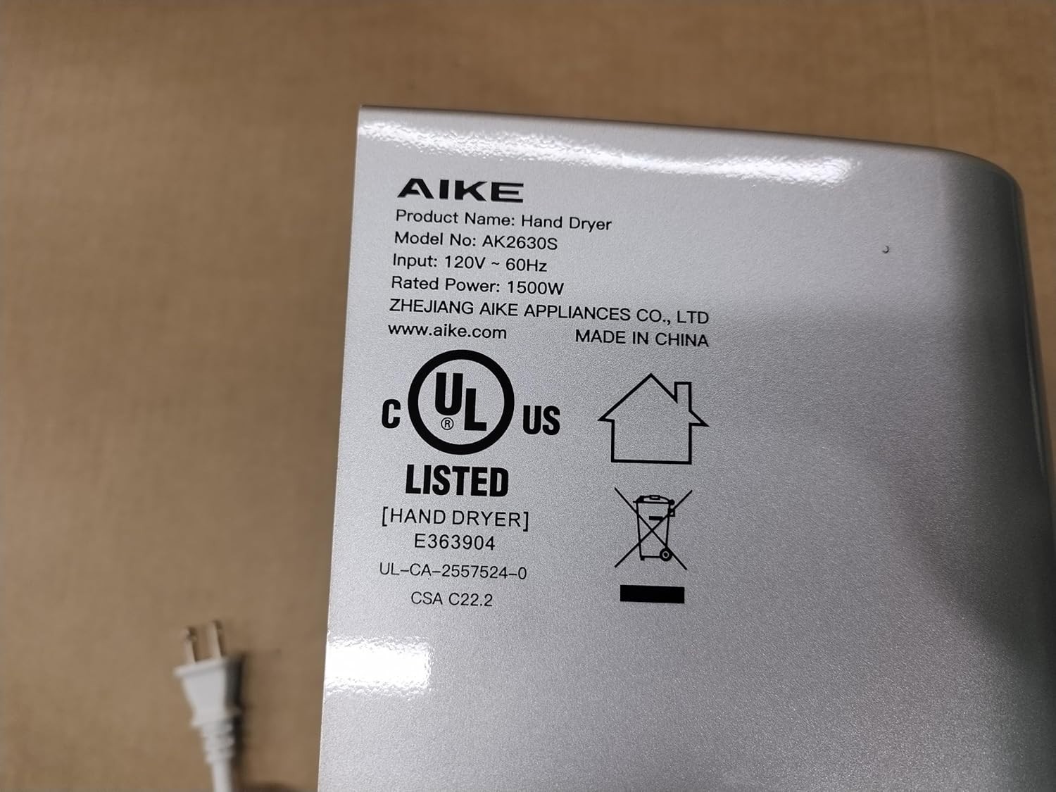 AIKE AK2630 Compact Hand Dryer 1400W – 110V Silver Air Wiper, 2-Pin Plug