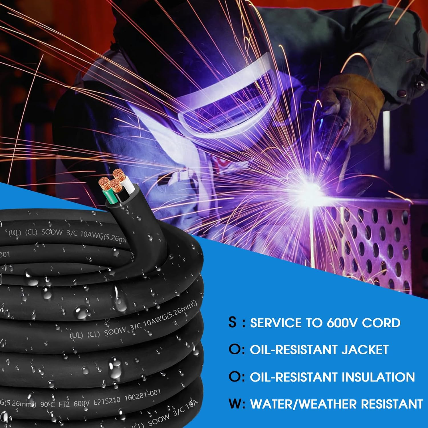25Ft 10/3 10 Gauge SOOW Wire 10 AWG 600V SOOW Bulk Cable Electrical 3 Conductor