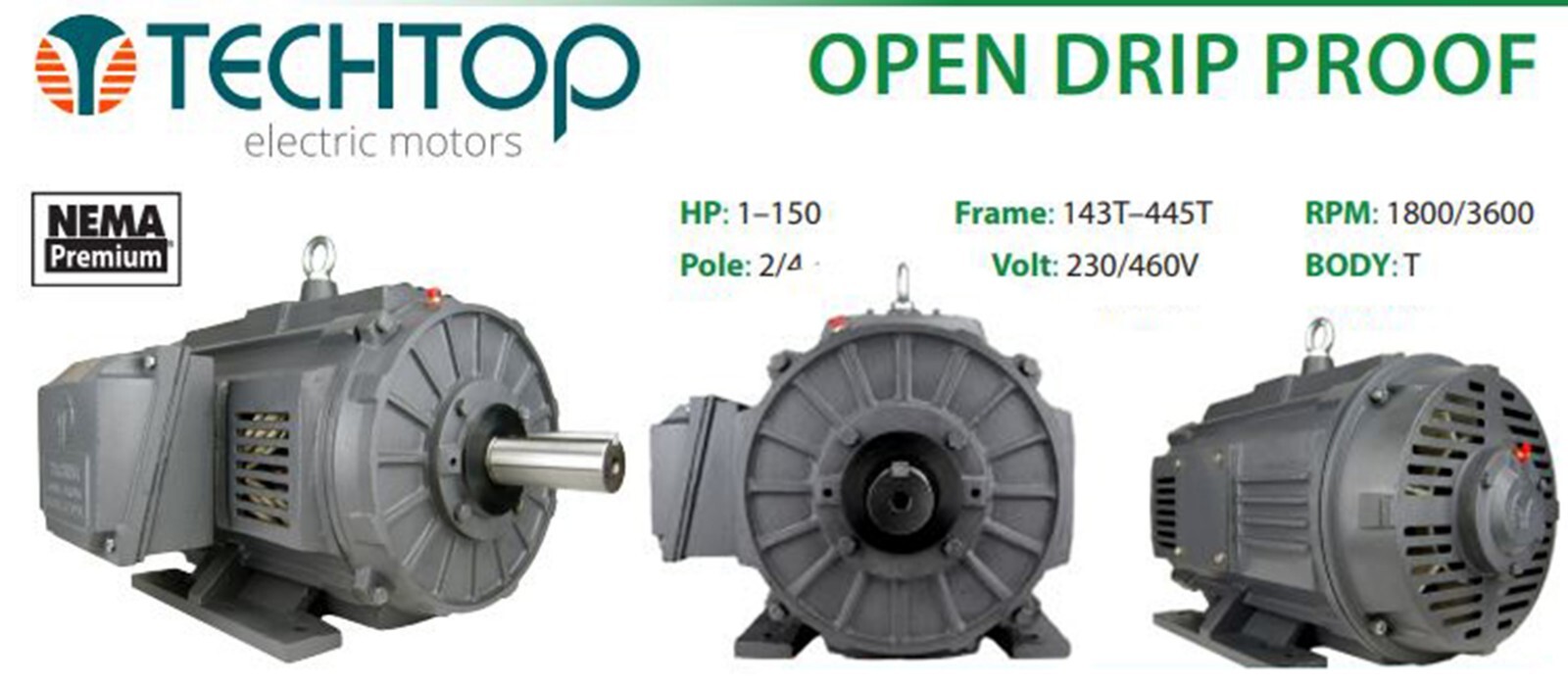 Techtop GR3-CI-OP-254T-4-BR-D-15 Motor 15 HP 1800 Rpm 3-PH 230/460 Volt 254T