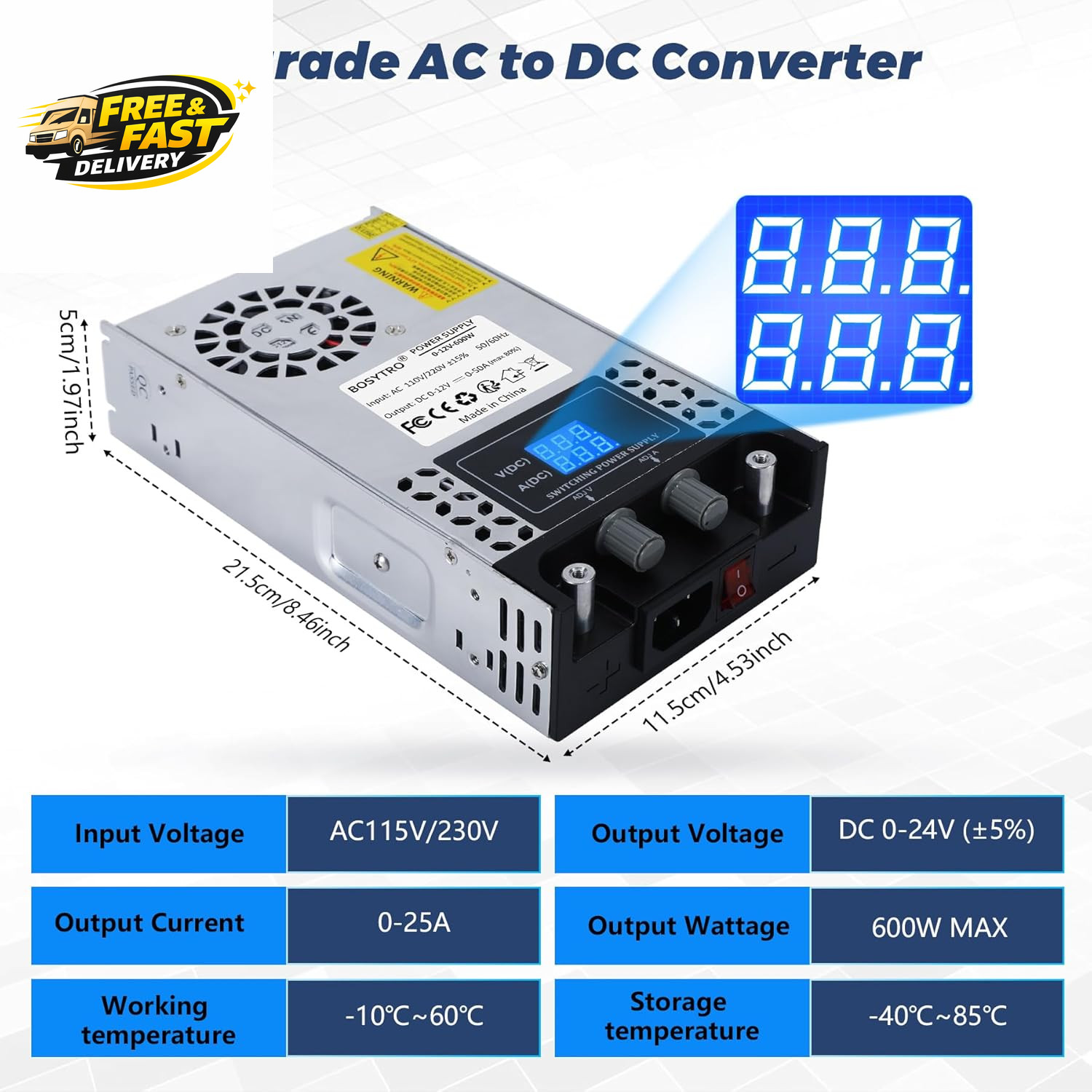 AC to DC Converter 110V-12V DC Power Supply Adjustable 0-24V 0-25A SMPS Max 600W