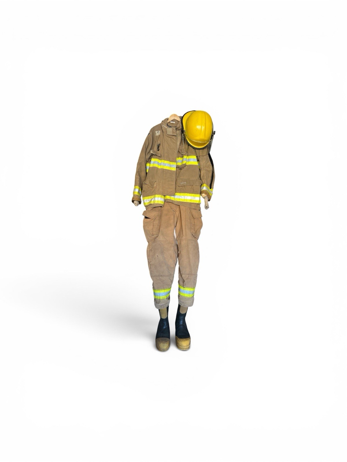 COMPLETE SET FIREFIGHTERS TURNOUT GEAR COAT PANTS BOOTS SUSPENDERS HELMET BOOTS
