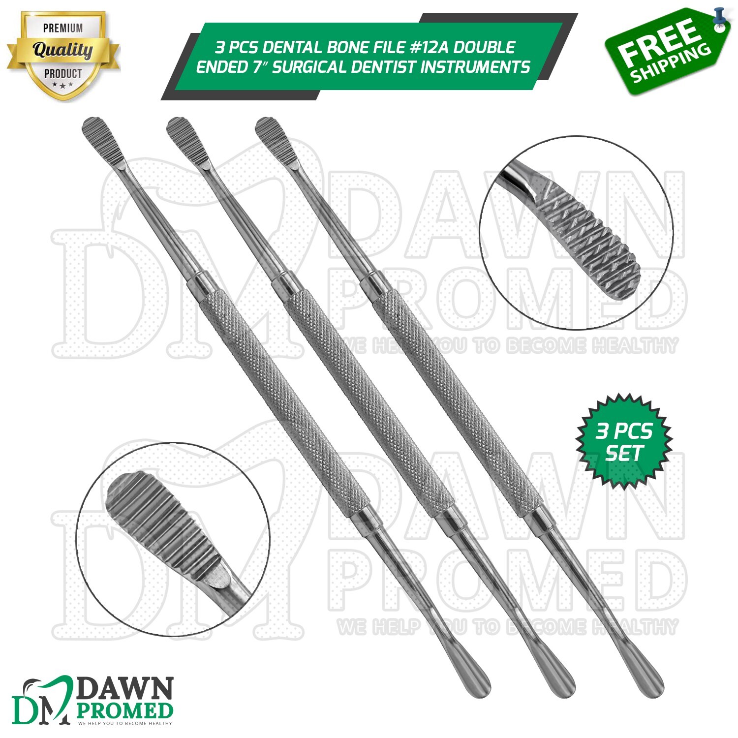 3 Pcs Dental Bone File #12A Double Ended 7″ Surgical Dentist Instrument German G