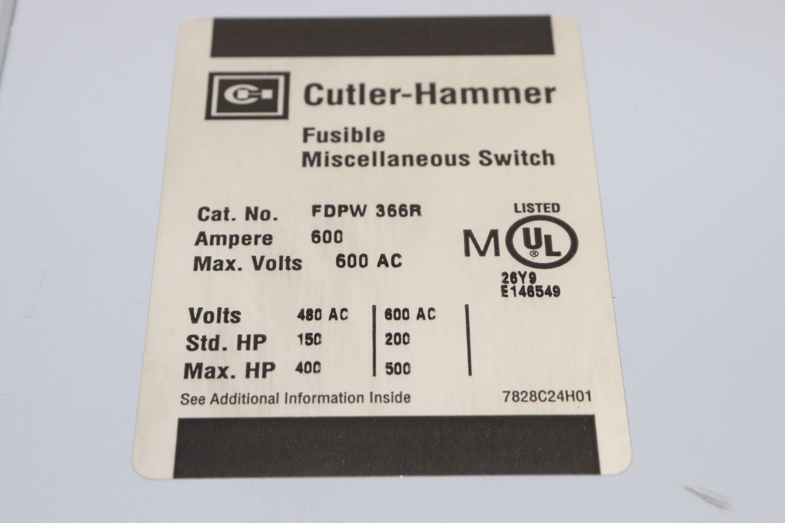 CUTLER HAMMER FDPW366R 600A FUSIBLE DEAD-FRONT/PANELBOARD SWITCH, 600VAC