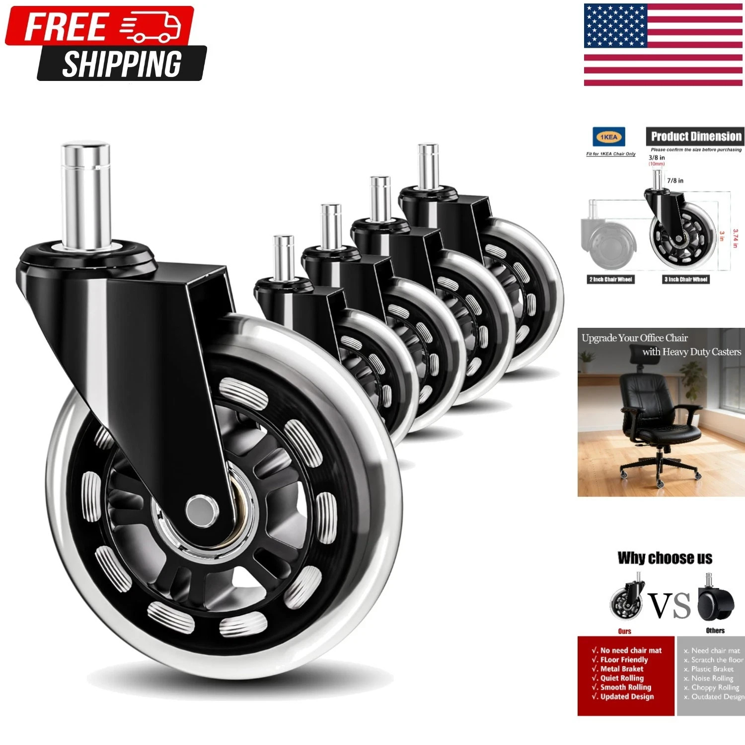 IKEA Office Chair Wheels Replacement for Hardwood Floor and Carpet, 10mm Stem…