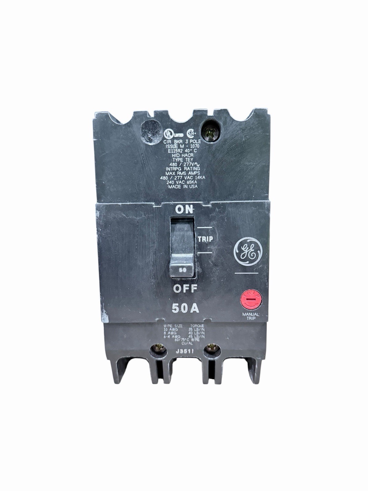 GE TEY350 50A 480Y/277V 3 Pole Circuit Breaker Q-Line Bolt-On