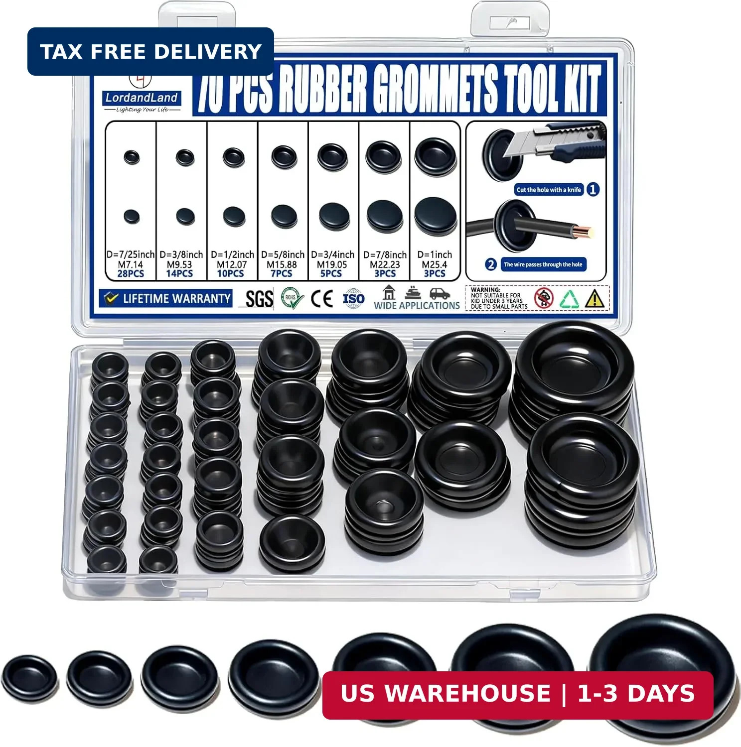 Rubber Grommet Kit 70 Pack – 7 Sizes Firewall Rubber Hole Plugs Rubber Grommets