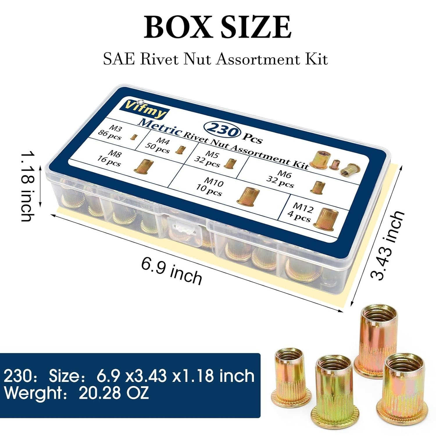 High-Strength 7-Sizes Metric Rivnut Set – Flat Head & Zinc Finished, 230 Pcs
