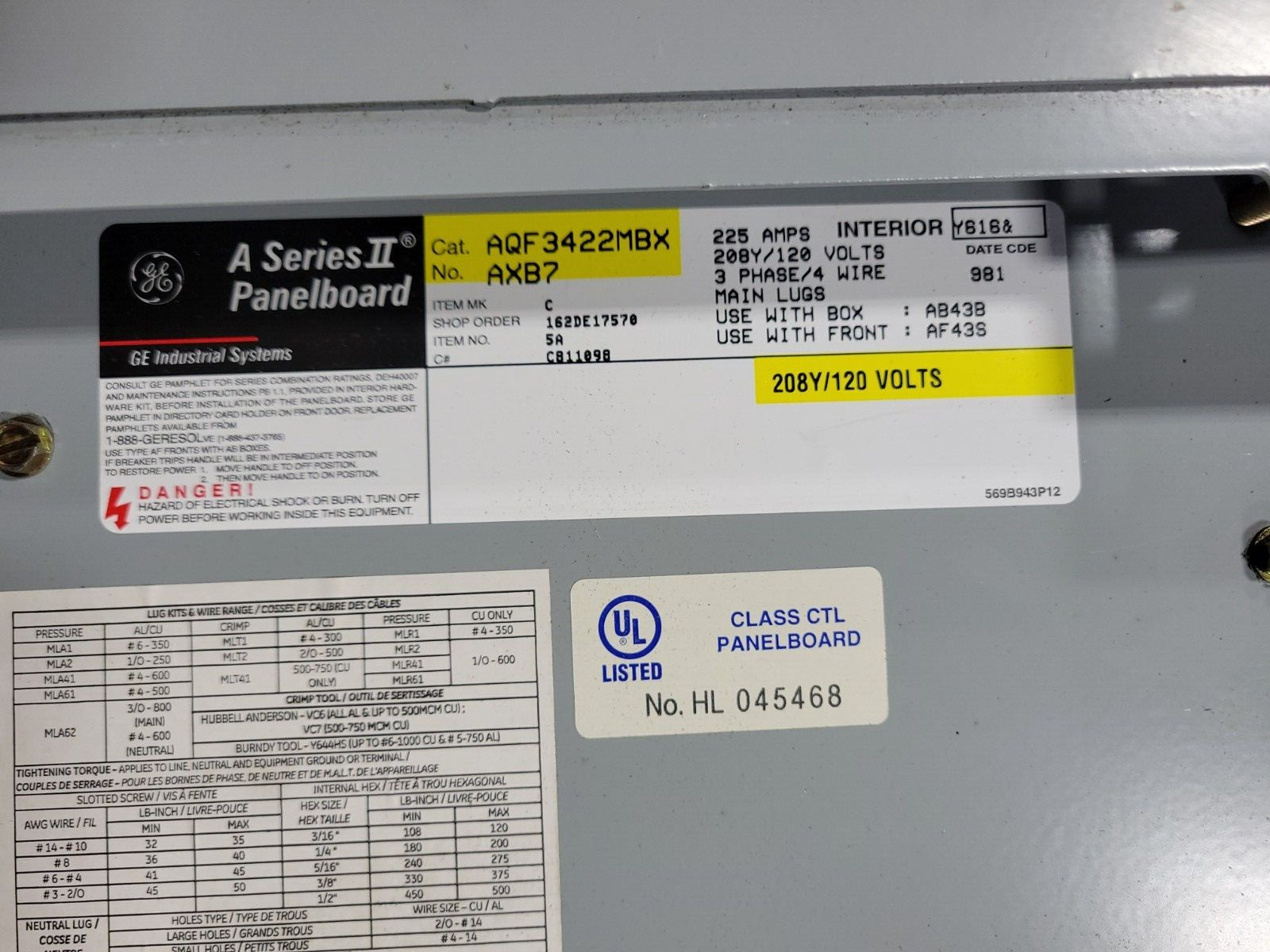 GE AQF3422MBX AXB7 A Series II Panelboard A Series II Panelboard 225 A 208Y/120V