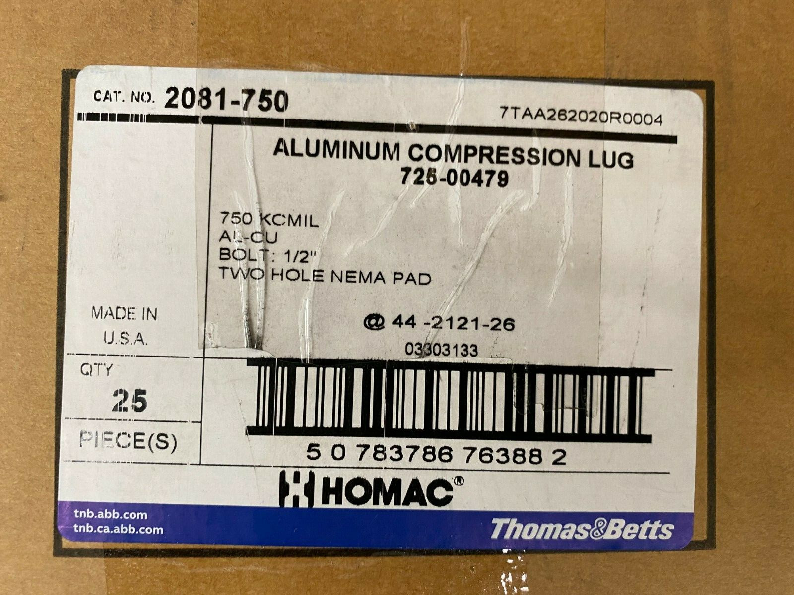 Homac 2081-750 Aluminum Compression Lug 750kcmil 2-Hole NEMA Pad AL-CU 1/2″ Bolt