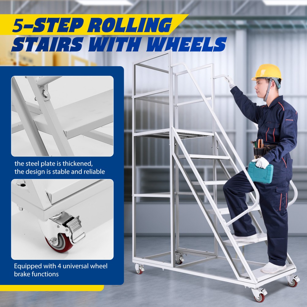 6 Step Rolling Warehouse Step Ladder, Movable Platform Ladder with Locking Wheel