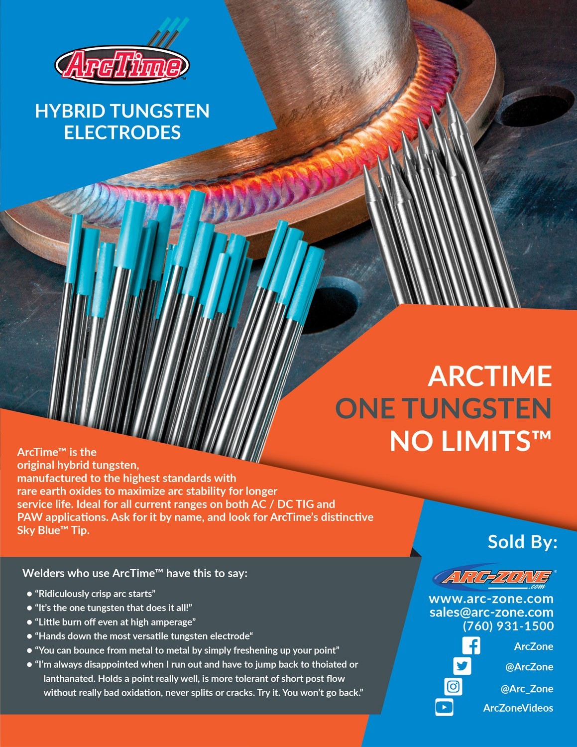 ArcTime TIG Welding Premium Hybrid Blend Tungsten Electrodes, 10 Pack